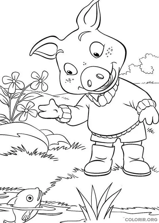 Piggley Winks brincando com Peixe em Lago