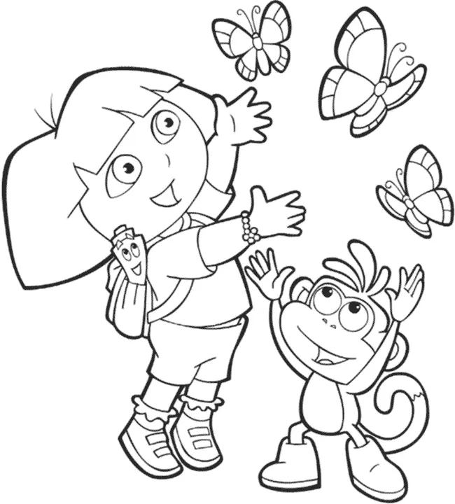 Dora e Botas brincando com Borboletas