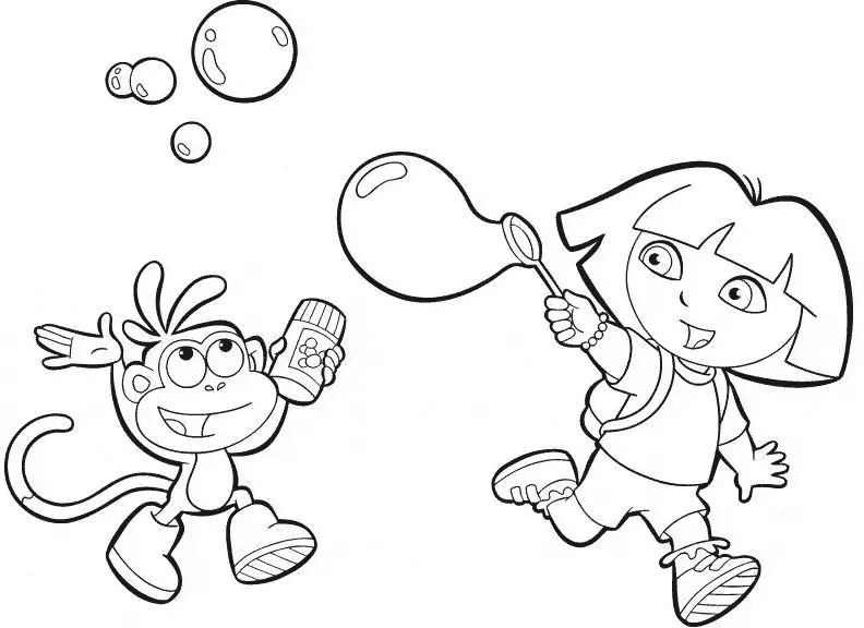 Dora e Botas fazendo Bolhas de Sabao