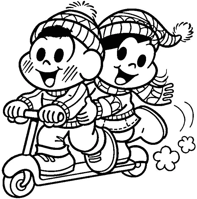 Magali e Cascao andando de Patinete