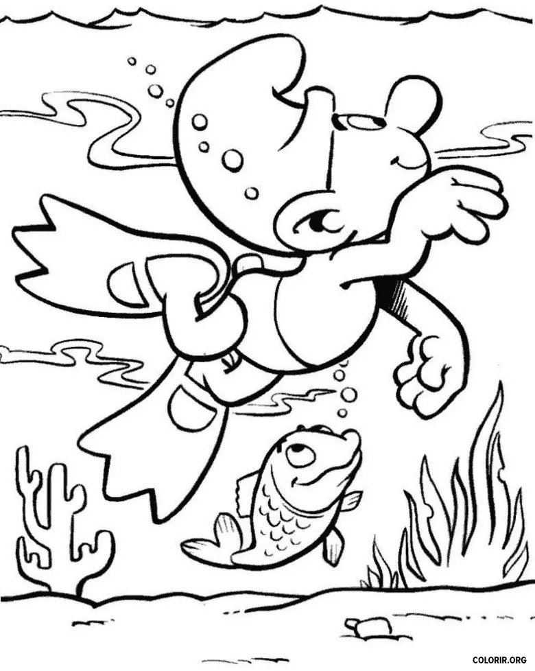 Smurf nadando com Peixe